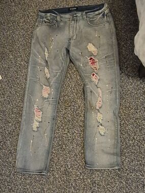 Men's Light Blue Skinny Jeans with Red Patch Distressing